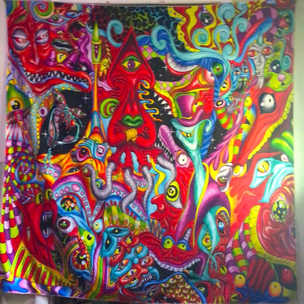 Trippy abstract monster tapestry.